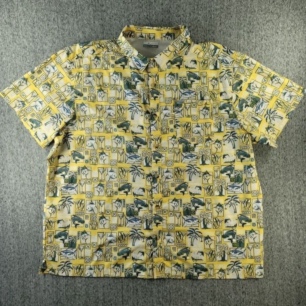 Columbia PFG Shirt Mens XXL Yellow Swordfish Martini Palm Tree Fishing Omni...